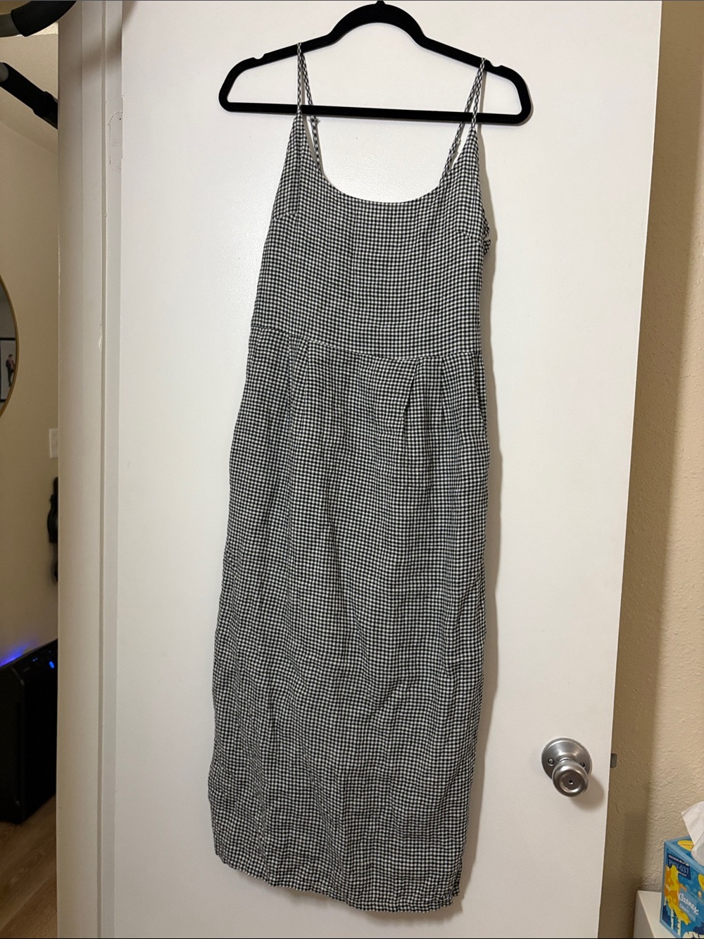 Quince Black & White Gingham linen Midi Slip Dress